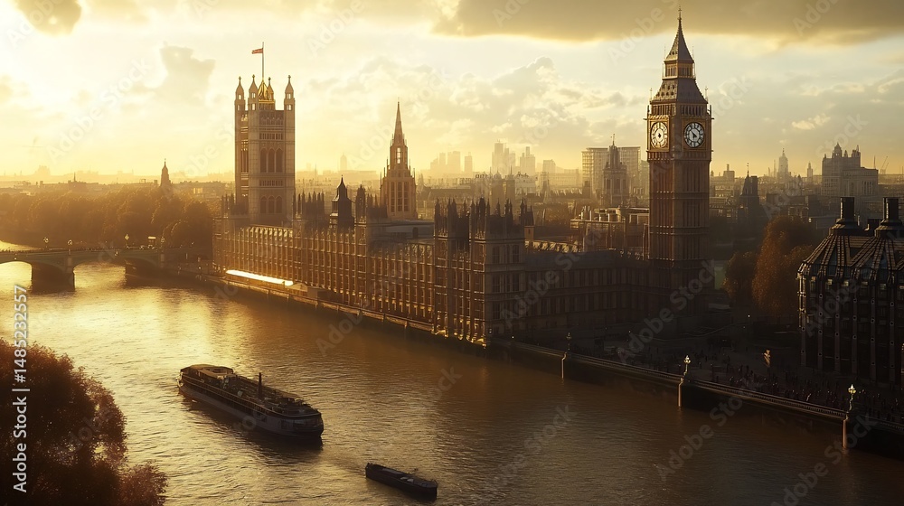 Obraz premium Golden Hour London: Iconic Parliament, River Thames, and Serene Sunset