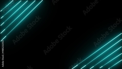Horizontal neon line animation moving from right to left on black screen. Abstract glowing neon lights blinking lines moving animation.
