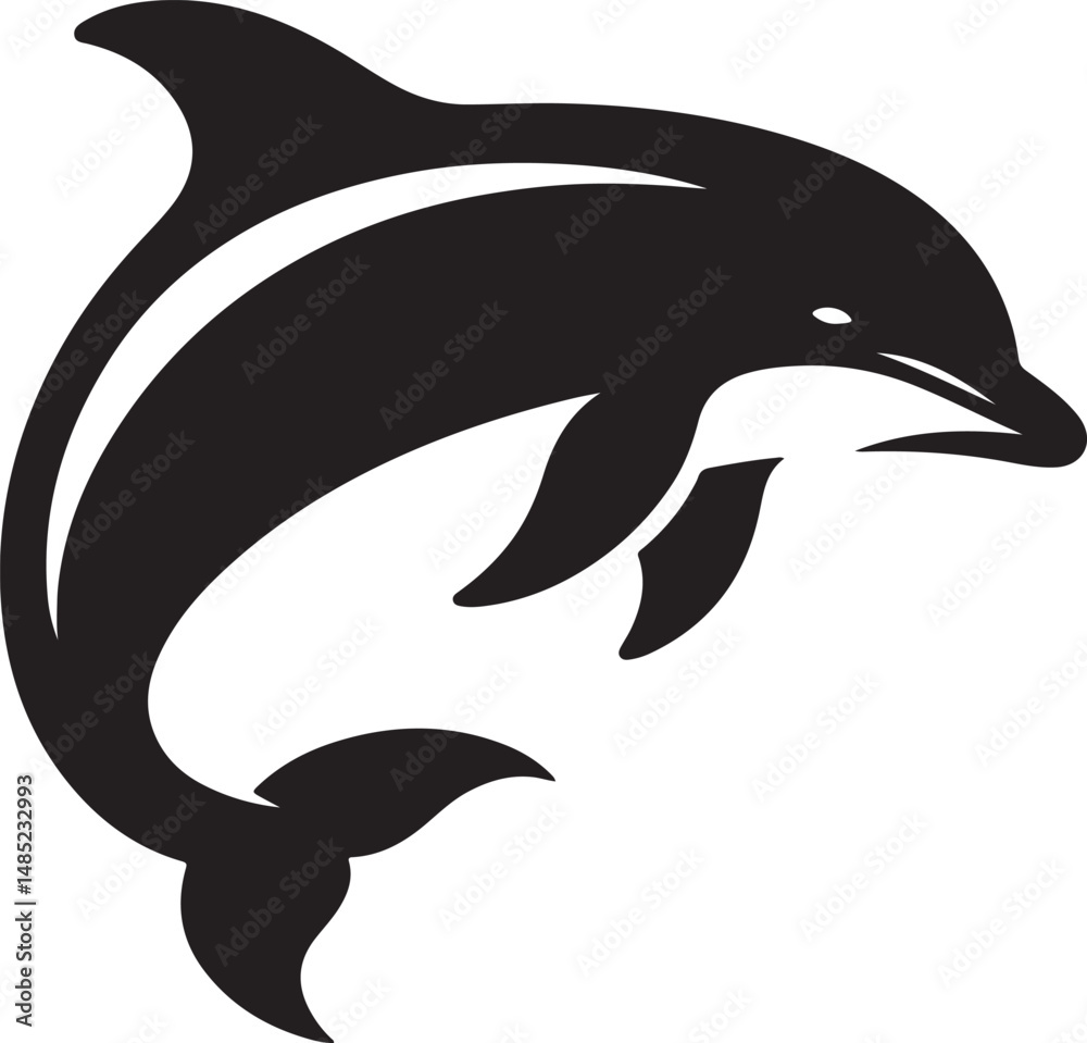Fototapeta premium Dolphin Fish Black Silhouette Vector, Marine Animal Clipart & Ocean Life Design
