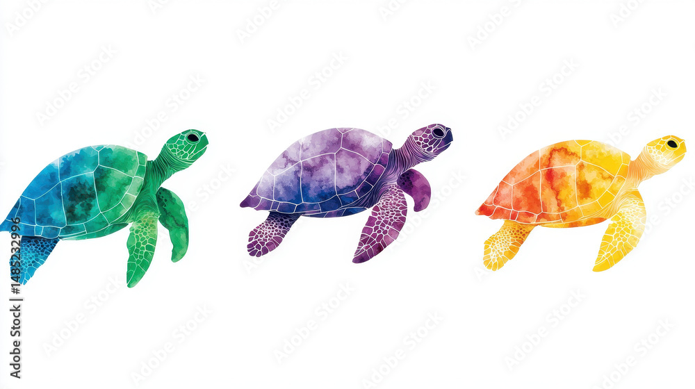 Obraz premium Colorful turtles swimming in vibrant watercolor style, showcasing shades of green, purple, and yellow, evoke serene atmosphere