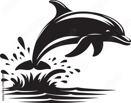 Dolphin Fish Black Silhouette Vector, Marine Animal Clipart & Ocean Life Design