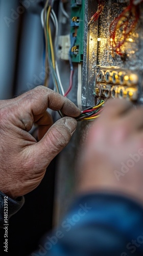 Close-up image shows two hands working on electrical panel with screwdriver, organized wires, and dirty hands. Focused effort.