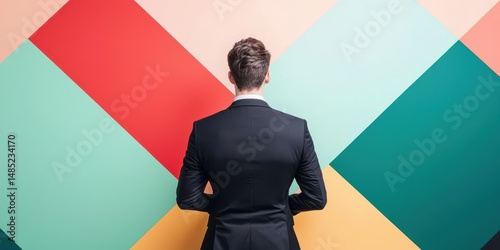 Professional man in suit against colorful geometric wall business setting modern design rear view
