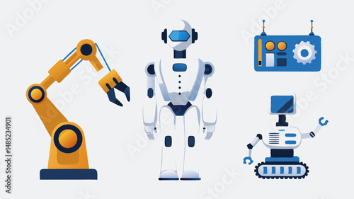Illustration of a yellow robotic arm, a white humanoid robot, and two other robots on a white background