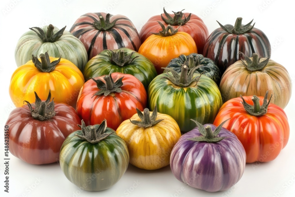 Obraz premium Colorful heirloom tomatoes arranged in a cluster.