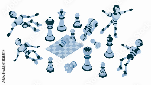 Isometric view of chess pieces and robot figures scattered on a white background in light blue tones