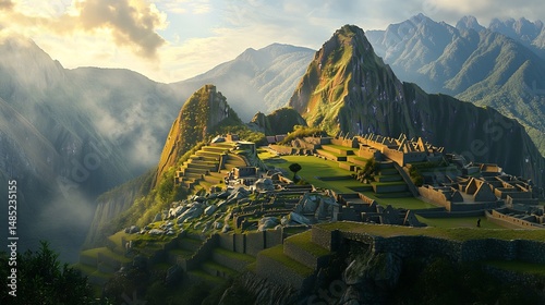 Majestic Machu Picchu: Sunrise Golden Light Illuminates Ancient Incan City