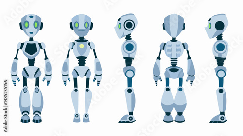 Illustration of a light blue robot in multiple poses including front side and back views on a white background