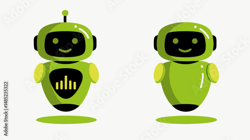 Two green robots with smiling faces and rounded bodies floating above matching green shadows on white