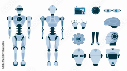 Illustration of two robots with parts including brain gear and radio on a white background