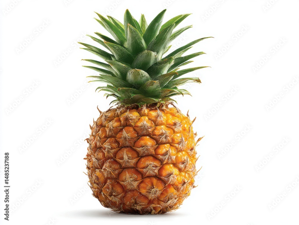 Fototapeta premium Single pineapple fruit standing upright on white background studio shot tropical exotic healthy eating