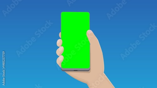 Animation of a hand holding a smartphone with a green screen appearing on a blue sky and then disappearing in a flat style (landscape)