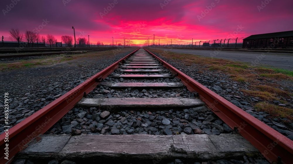 Abandoned railway stretching toward a glowing sunset sky, clouds enveloping the end of the tracks like a dream Abandoned railway stretching toward a glowing sunset sky, clouds enveloping the end of the tracks like a dream