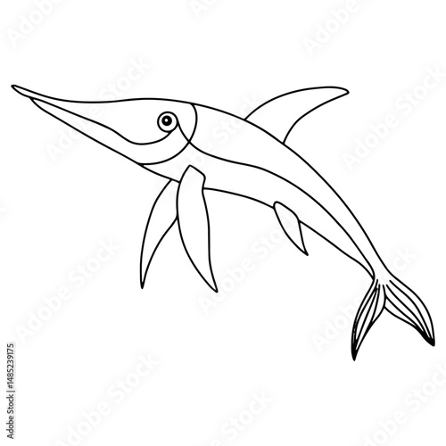 Coloring book. Cute tropical swordfish character. Vector illustration in doodle style.