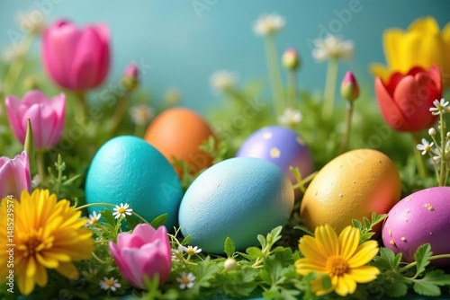 Colorful Easter eggs hidden amongst spring flowers and vibrant decorations, ready for a festive celebration , tulip, garden, joy