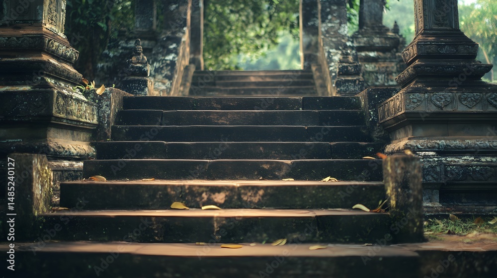 Mystical Stone Stairway in Ancient Temple Ruins Under Lush Foliage Seeking Adventure and Exploration in Mysterious Setting with Dramatic Light Effect Mystical Stone Stairway in Ancient Temple Ruins Under Lush Foliage Seeking Adventure and Exploration in Mysterious Setting with Dramatic Light Effect