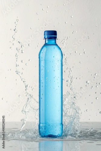 Clear blue water bottle surrounded by splashing water with refreshing and hydrating concept