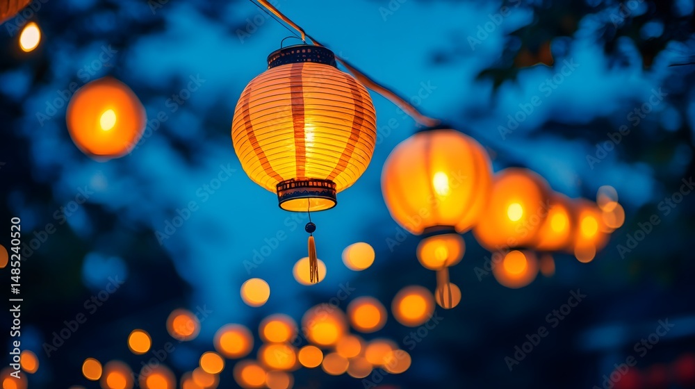 Obraz premium Festive Orange Lanterns Glow in Twilight Evening Lighting Up Garden Party Illuminating Tranquil Ambience Celebrating Asian Culture and Festive Occasion Outdoors