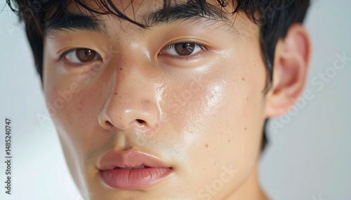 日本人, 超リアル, 美しい, 若い男性, 顔, クローズアップ, 欠点のない肌, 輝く肌質, ナチュラルメイク, 柔らかなライティング, 美容CM風, シネマティック, カメラ目線, 高解像度,Japanese, ultra-realistic, beautiful, young man, face, close-up, flawless skin, glowing complexion