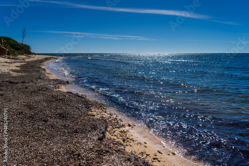 Beach Spiaggia Flumendosa with sand and sea grass, near the town of Pula, Sardinia, Italy