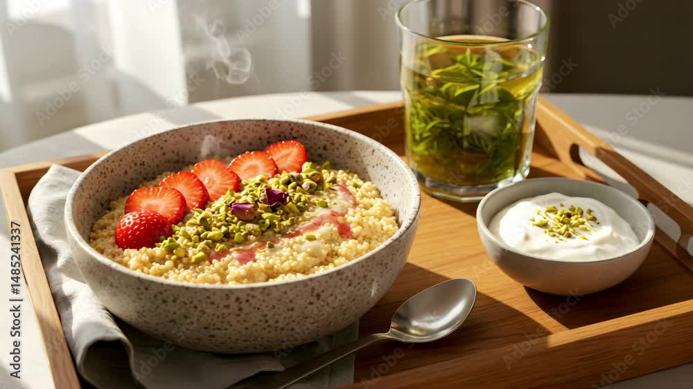 Healthy breakfast bowl with amaranth porridge , strawberries, and green tea  