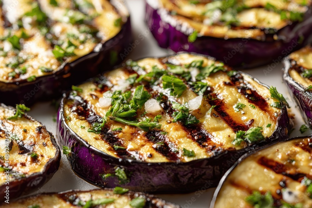 Close-up of grilled eggplant slices with herbs. Close-up of grilled eggplant slices with herbs.