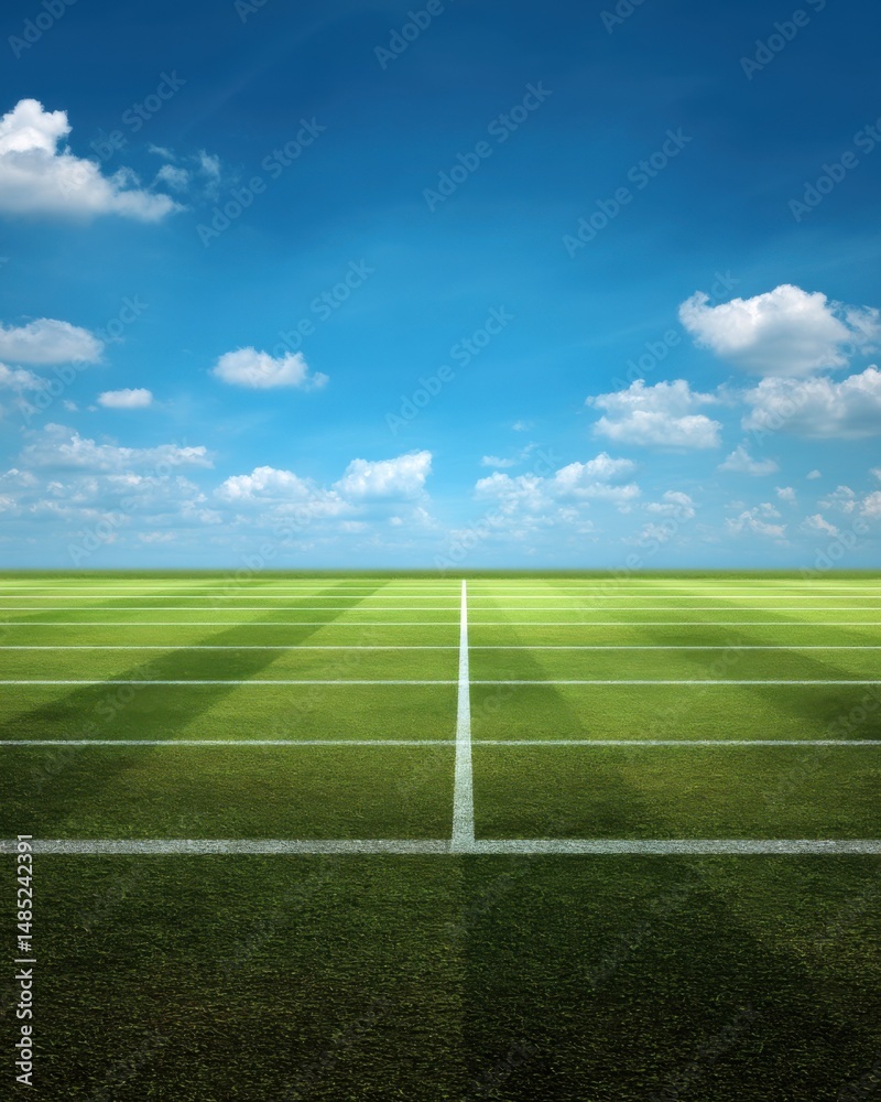 Obraz premium Aerial view of a lush green sports field with white lines under a bright blue sky with fluffy clouds landscape