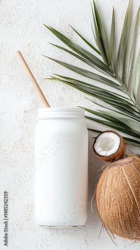 Refreshing Coconut Drink with Palm Leaf on White Background