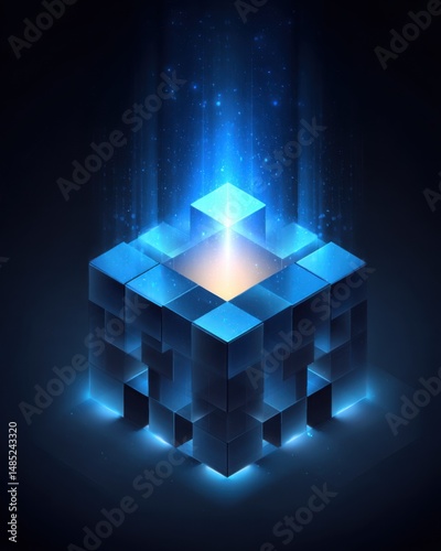 Abstract Isometric Cube Composition with Glowing Core and Light Rays on Dark Background Digital Art