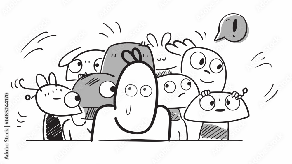 Obraz premium A whimsical gathering of cartoon characters with various expressions and one with an exclamation point bubble