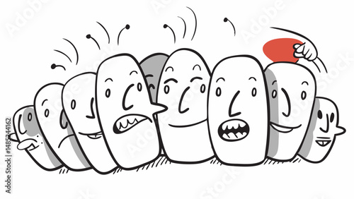 Illustration of a crowd of cartoon faces with various expressions and a hand holding a red circle above them