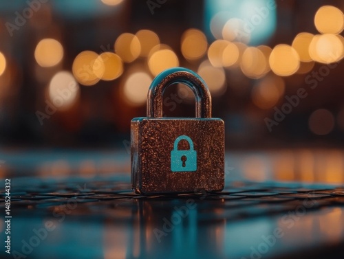 Close up of a padlock on a keyboard for data security concept with bokeh lights in the background shining for a modern look