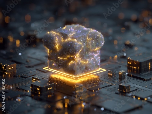 Digital cloud computing concept with glowing data cube floating above circuit board close up tech future