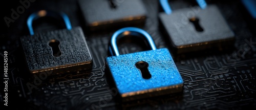 Cybersecurity Concept Padlocks on Circuit Board Close Up Macro Shot Data Protection Encryption Digital Security