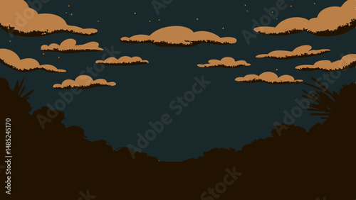 Illustration depicting a night sky with clouds and stars above a silhouetted landscape horizon line
