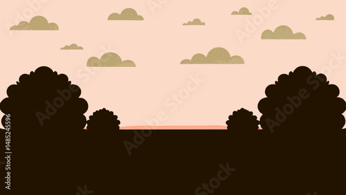 Illustration of a landscape with silhouetted trees and bushes under a cloudy sky at dusk or dawn time