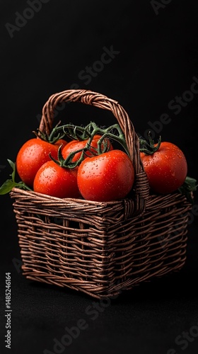Ripe Red Tomatoes in Brown Wicker Basket on Dark Background
