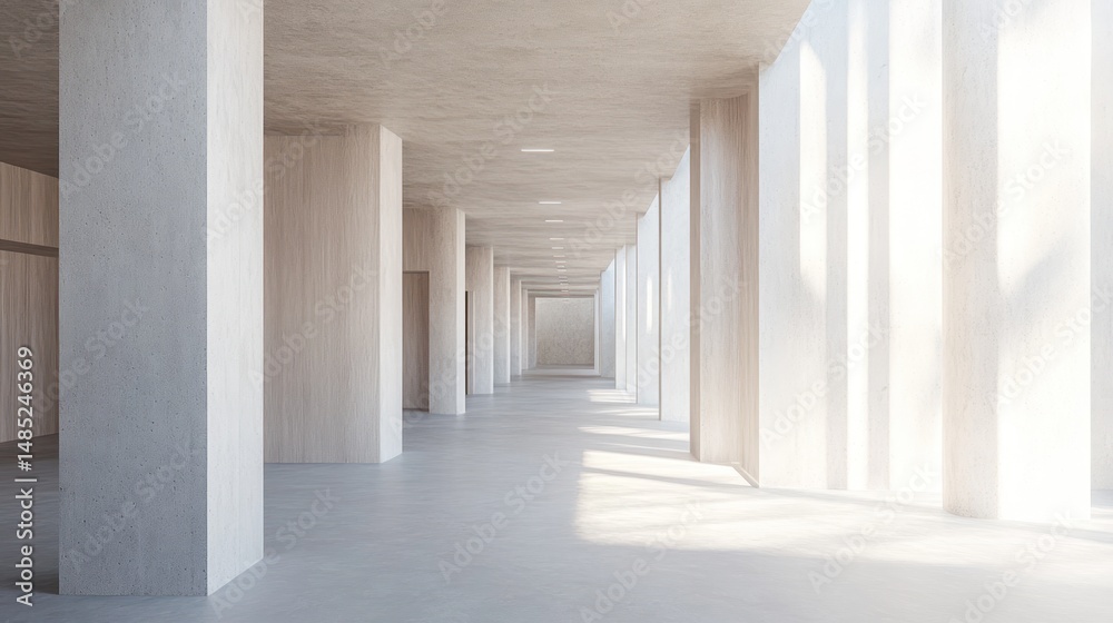 Fototapeta premium Sunlit minimalist corridor with light wood and concrete, creating a serene and spacious atmosphere