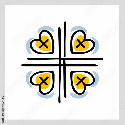 Illustration of four yellow hearts with black outlines and crosses around intersecting lines on white