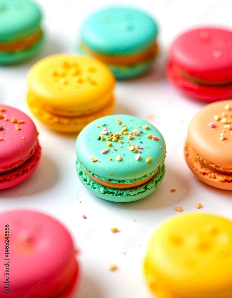 Fototapeta premium an array of macarons arranged neatly on a surface. each macaron has a vibrant filling visible through its shell, showcasing different colors that suggest various flavors