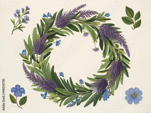 The lavender wreath illustration is ideal for natural themes.