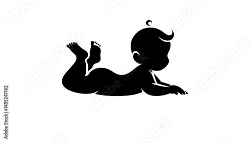 Baby lying on tummy in black vector silhouette on transparent background