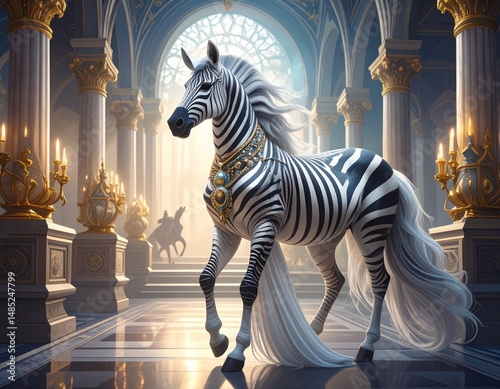 A surrealistic yet realistic painting depicting a full-body animal-human hybrid as a royal figure, set against an elegant and beautiful background.