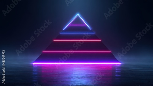 Abstract Pyramid with Neon Lights Reflecting on Wet Surface in Low Angle Shot for Futuristic Design