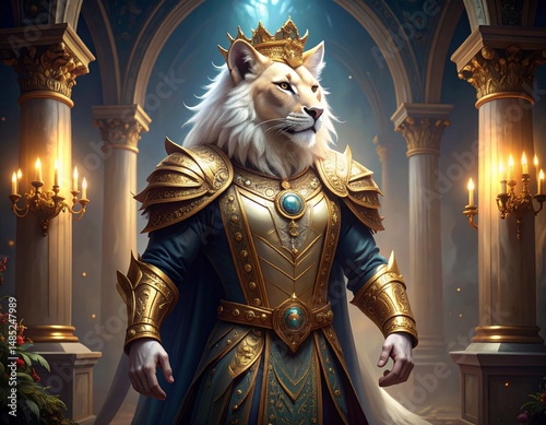 A surrealistic yet realistic painting depicting a full-body animal-human hybrid as a royal figure, set against an elegant and beautiful background.