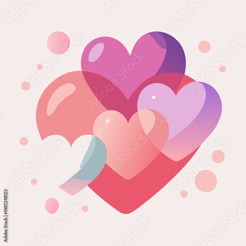 Illustration of overlapping hearts in various shades of pink and purple with pink circles background design