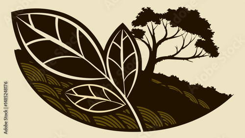 Illustration of leaves and a tree on a hill with textured ground in a brown and white color scheme design