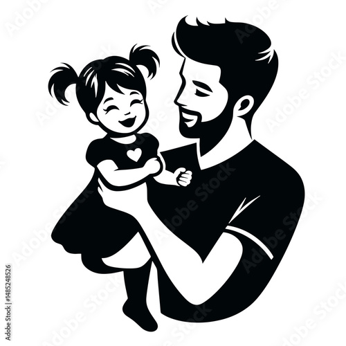 Daddy holding little cute daughter on arms, happy vector art on transparent background