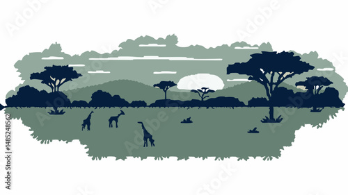 Illustration of a savanna landscape with giraffes trees and hills at sunset in muted color palette