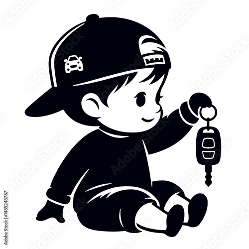 Little funny kid in backwards cap playing with daddy's car keys, amusing black vector on transparent background